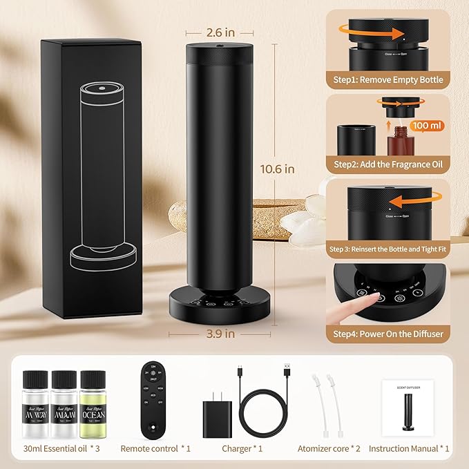 Waterless Diffuser with 90ML Essential Oils, Covers 1000 Sq Ft, Diffusers for Home Hotel, Adjustable Mist & Timer, Scent Diffuser Starter Kit with Night Light, Corded Electric,Black