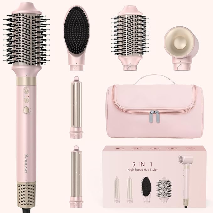 5 in 1 Ionic Hot Air Styler, 1400W Powerful Hair Dryer Brush, Auto-Wrap Curlers, Paddle Brush for Fast Drying, Volumizing with Travel & Storage Bag