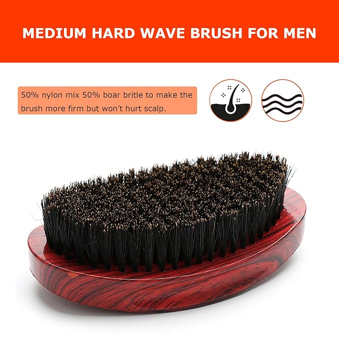 Curved Wave Brush for Men 360, Medium Hard Palm Hair Brushes with Boar Bristles for Black Hair Wavers to Creating 360 Waves (Red)