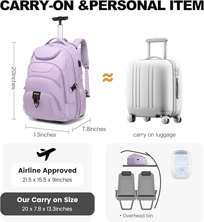 Boavan Rolling Backpack for Women, 17.3 Inch Wheeled Laptop Backpack, Large - Image 8