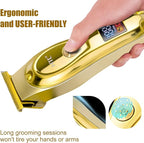 HTC Hair Clippers – Professional Cordless Rechargeable Hair Trimmer with Precision, Adjustable Speeds, and LED Display （Gold）