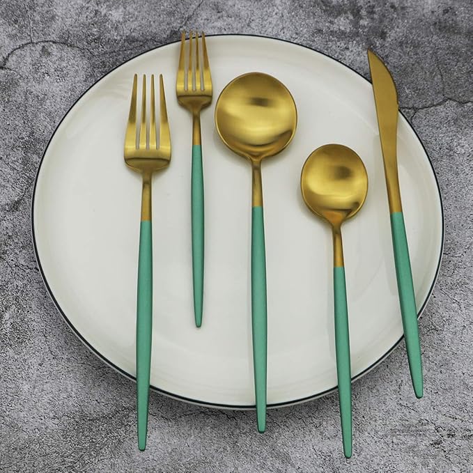 Green Handle Matte Gold Silverware, Gugrida 5-Piece 18/10 Stainless Steel - Image 7