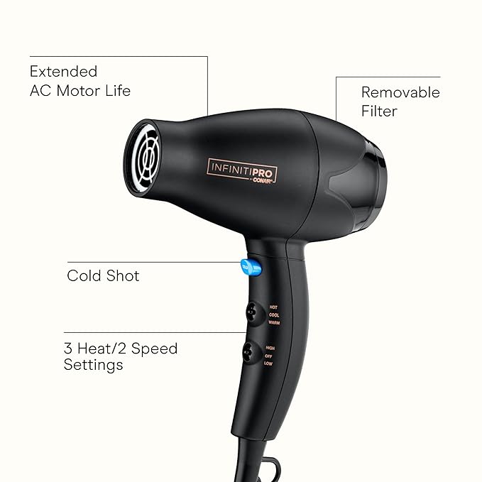 INFINITI PRO CONAIR Travel Hair Dryer, 1600W Mighty Mini Compact Blow Dryer with Concentrator Attachment, Lightweight Professional AC Motor for Fast Drying, 3 Heat & 2 Speed Settings, Black