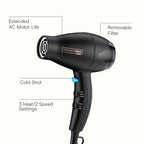 INFINITI PRO CONAIR Travel Hair Dryer, 1600W Mighty Mini Compact Blow Dryer with Concentrator Attachment, Lightweight Professional AC Motor for Fast Drying, 3 Heat & 2 Speed Settings, Black