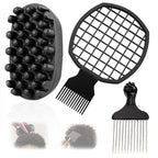 3 Pack Silicone Curling Hair Brush & Metal Afro Pick Hair Comb Set – Durable Washable Curl Sponge for Black Men, Natural Hair, Dreadlocks, Coils & 4C Afro HairStyling Tool