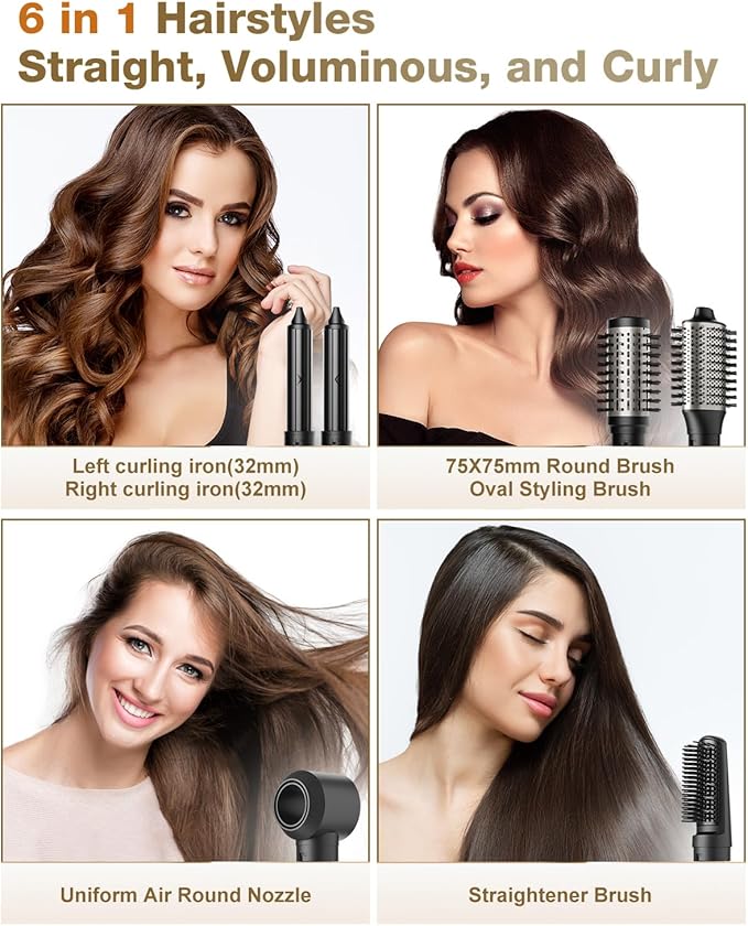 7MAGIC 6 in 1 Multi Hair Styler Dryer Brush, 110,000 RPM High-Speed, Negative Ionic, Fast Drying for Professional Blow Dry, Curling, Volumizing, Straightening and Styling, Silver