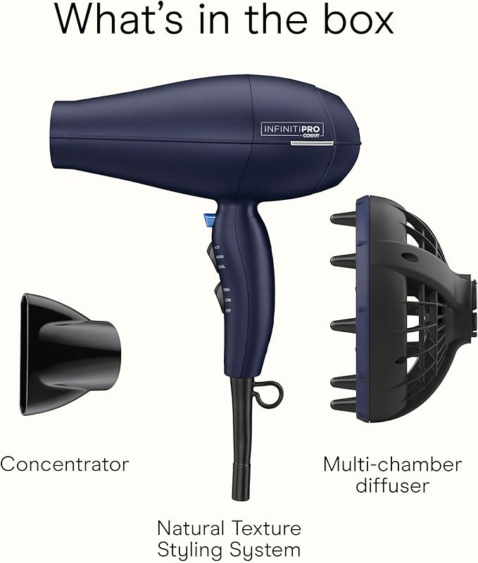 INFINITI PRO CONAIR Hair Dryer with Innovative Diffuser, Enhances Curls and Waves While Reducing Frizz, Dark Blue