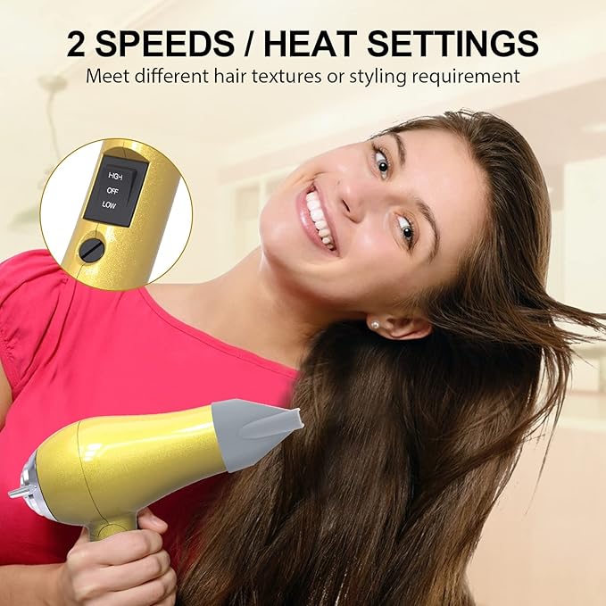 Mini Portable Hair Dryer 1200W, Travel-Friendly, Dual Voltage 125/250V, 2 Speed Settings, Foldable, Lightweight, Two Concentrator & Diffuser Nozzles, Removable Filter