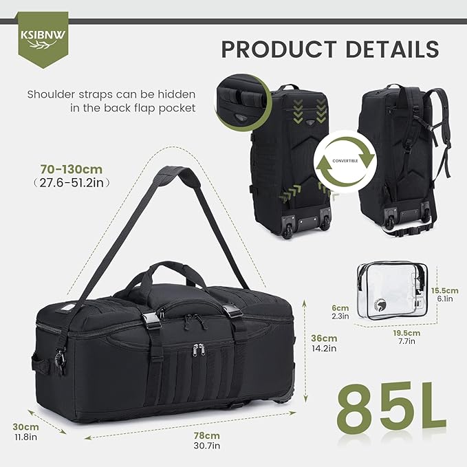 KSIBNW Rolling Duffel Bag with Wheels and Handle, 4 In 1 Tactical 86L Military - Image 5