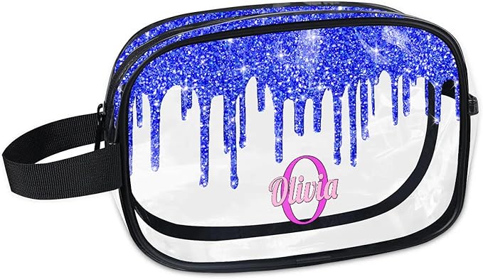 Personalized Clear Makeup Bag with Name, Best Friends Teen Women Mom Birthday Gift Transparent PVC Toiletry Travel Bag for Toiletries, Shiny Bling Royal Blue Fluid Shape Glittery