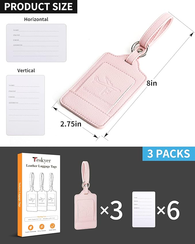 Teskyer Luggage Tags, 3 Pack Premium PU Leather Luggage Tags - Image 7