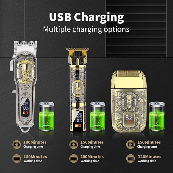 HIENA PRO Professional Hair Clipper Set for Men, Rechargeable Cordless Clippers and Trimmers Set, Electric Foil Shavers and Beard Trimmers, Hair Cutting Tools with LED Display, Gifts for Men