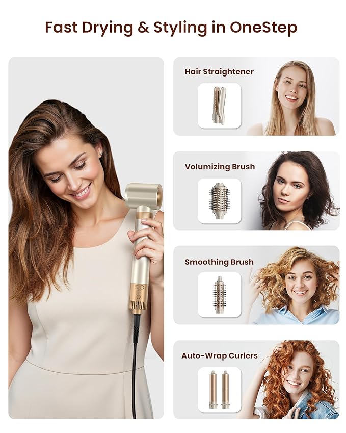 MESCOMB 6-in-1 Hot Air Styler – Hair Dryer with Straightener, Auto Curler & Volumizing Brush for Straightening, Curling, Smoothing & Volume, Damage-Free (Champagne Coffee)