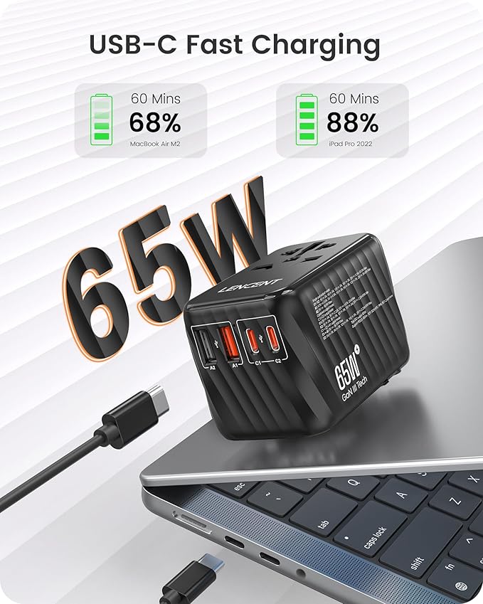 LENCENT Universal Travel Adapter, 65W GaN International Fast Charger - Image 2