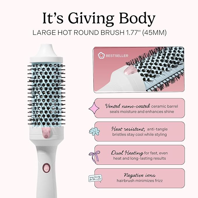 Mane Large Heated Round Brush - 1.77 Inch Thermal Brush for Voluminous Blowouts - Anti-Tangle Bristles, Ionic Technology, Worldwide Voltage - Hair Styling Tools for Medium to Long Hair