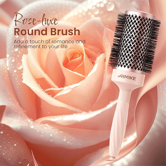 AIMIKE Round Brush for Blow out, Rose Luxe Round Hair Brush Ionic & Nano Thermal Ceramic Tech, for Blow Drying & Styling Volumizing Long Hair, with 4 Clips (Barrel 2.1", Bristle 3")