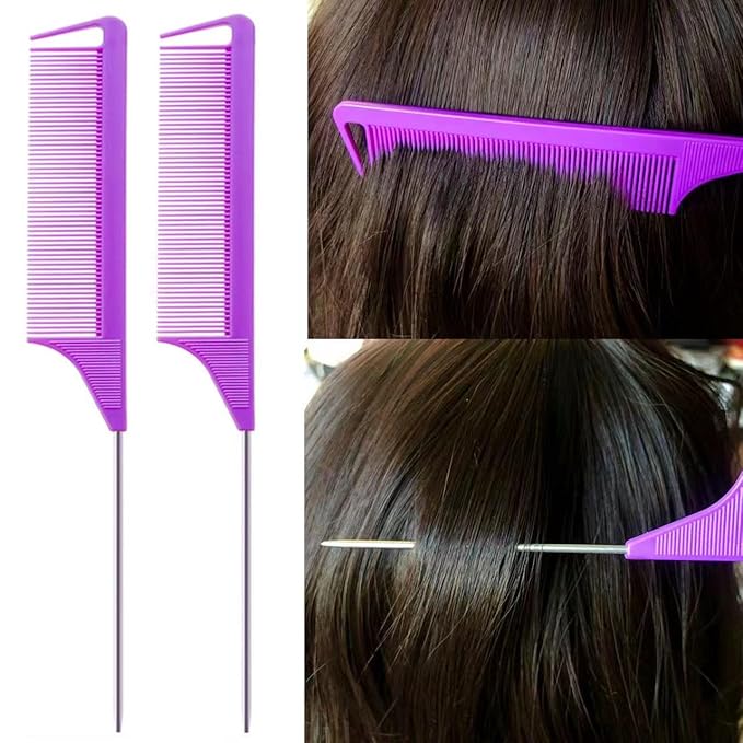 8Pcs Hair Brushes Set with 4Pcs Topsy Hair Tail Tools 1Pcs Bristle Teasing Hair Brush 1Pcs Edge Control Brush 2Pcs Metal Pin Rat Tail Combs for Woman Girl Hair Styling,Edge&Back Brushing purple