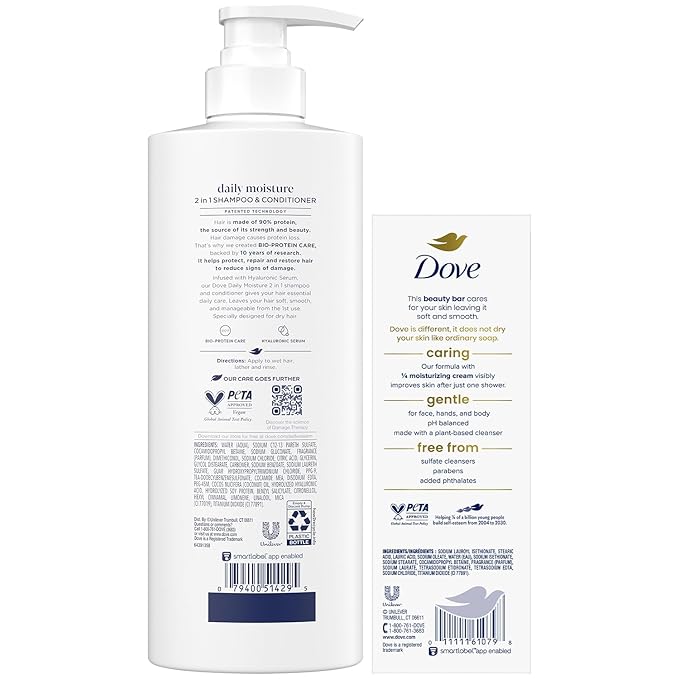 Dove Shampoo & Conditioner 2-in-1 + Dove Beauty Bar Soap 8-Pack – Deep Hydration for Revitalizing Dry Hair and Skin (9-Piece Set)