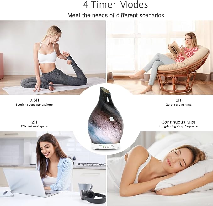 Essential Oil Diffuser 120ML, Glass Aromatherapy Diffuser with 4 Timer Settings & 7 Color Changing Lights, Auto Shut-Off, Ultra Quiet Oil Diffuser for Home, Office, Yoga, Spa and Sleeping