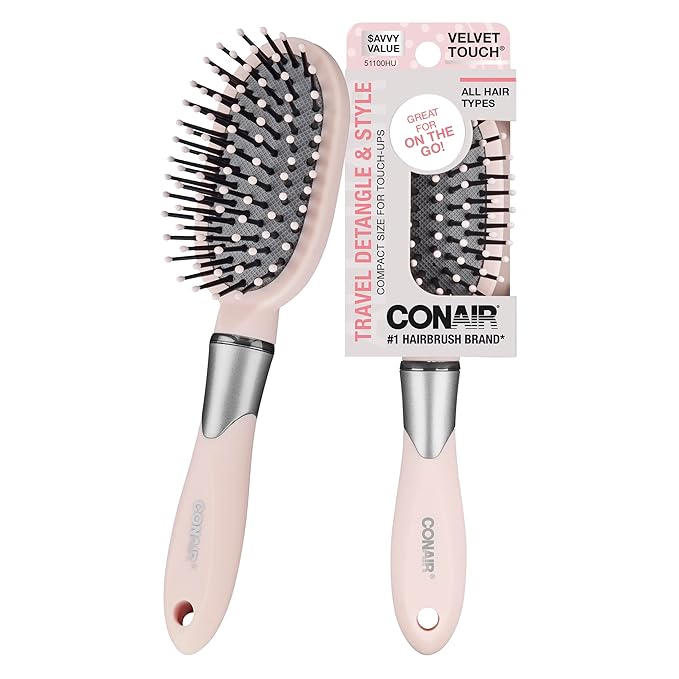 Conair Velvet Touch Cushion Hair Brush, Compact Travel Detangler Brush for Curly or Straight Styles, Flex Cushion Base for Stress-Free Brushing, Blush Pink