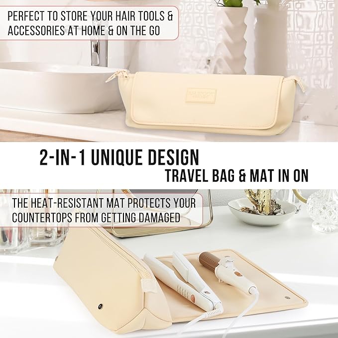 BAREFOOT CARIBOU Hair Tools Travel Bag and Heat Resistant Mat for Flat Irons, Straighteners, Curling Iron, and Haircare Accessories, 2-in-1 design, with Interior Pockets, Portable Organizer