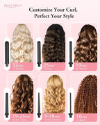 Long Barrel Curling Iron Wand Set, BESTOPE PRO 6 in 1 Curling Wand Set with Ceramic Barrel for Long/Medium Hair, 0.35"-1.25" Interchangeable Hair Wand Curler, Dual Volts, Include Glove & Clips - Black