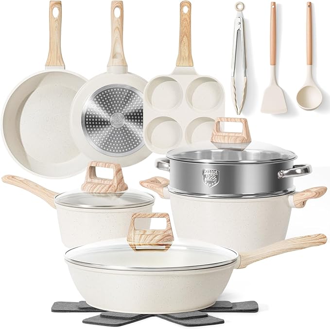 17 Pcs Pots and Pans Set Non stick，Cookware Sets White Granite Induction by SODAY