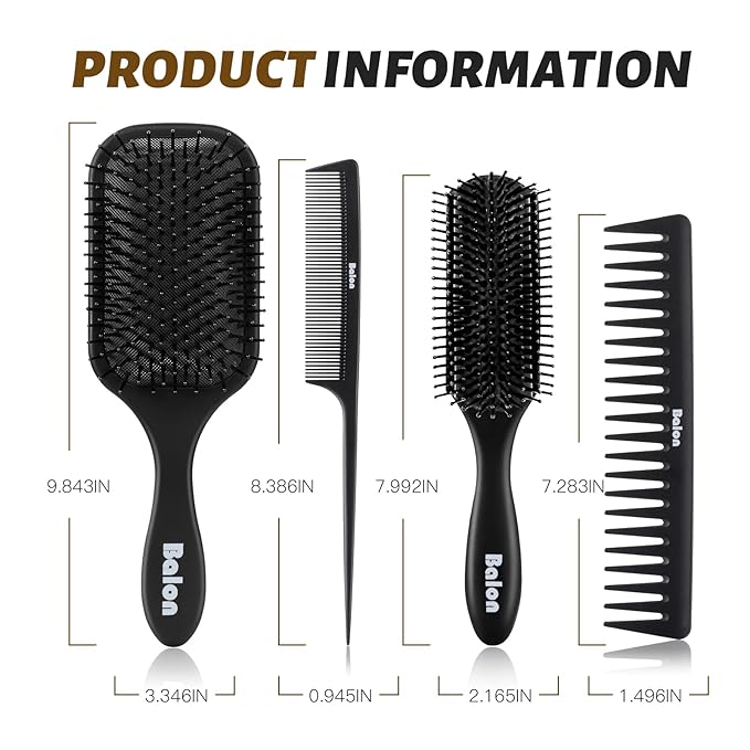 Balon Hair Brush for Women and Men, 4Pcs Paddle Brush Detangling Brush Hair Comb Set for Long Thick Thin Curly Hair, Hairbrush Great On Wet or Dry, No More Tangle