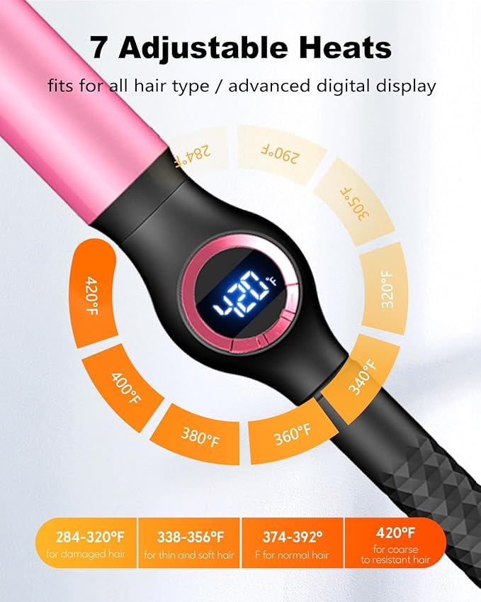 1.25 Inch Curling Wand for Long Hair, Extra Long Barrel Ceramic Hair Wands, 7 Adjustable Heats, 110-240V Dual Voltage Thick Wand Curling Iron, 60 Minutes Auto Shut Off