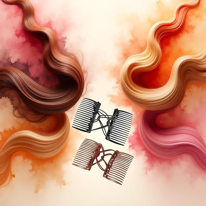 2 Pcs Plastic Elastic Double Hair Comb - Adjustable Elastic Bun Comb & Clip for Curly, Thick, Wavy Hair (Black+Brown)