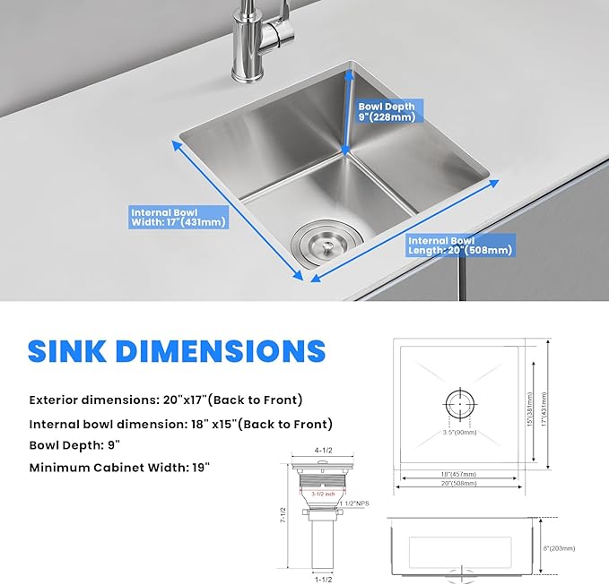 POPFLY 20×17 Inch Undermount Kitchen Sink, Small Wet Bar Prep Sink, 18 Gauge - Image 7