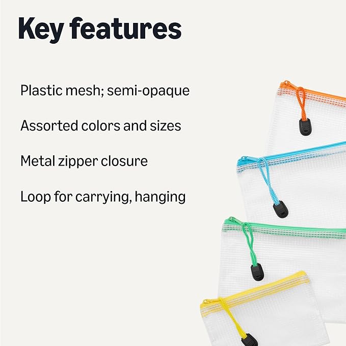 Amazon Basics 30-Pack Mesh Zipper Pouch Bags, 8 Sizes Waterproof Storage - Image 2