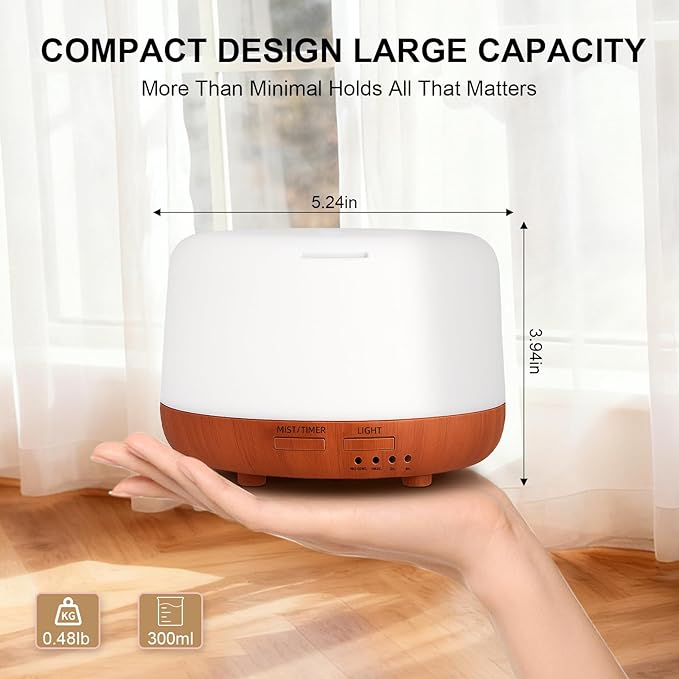 300ML Essential Oil Diffuser, Small Aromatherapy Diffuser with Remote, 7-Color LED Light, 4 Timer Settings, Safe Auto-Off, for Bedroom, Desk, Home Office
