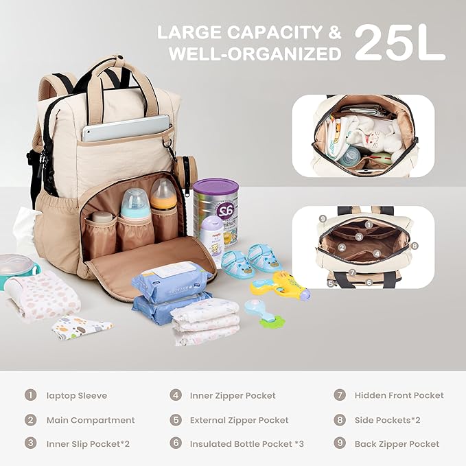 VONAL Diaper Bag Backpack, Lightweight Baby Diaper Bags, Travel Large Diaper Bag - Image 3