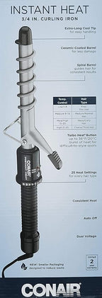 Conair Instant Heat Spiral 3/4-Inch Curling Iron, spiral guide on barrel to help achieve spiral curls – for use on short to medium hair