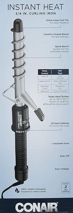 Conair Instant Heat Spiral 3/4-Inch Curling Iron, spiral guide on barrel to help achieve spiral curls – for use on short to medium hair