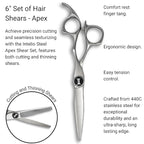 Apex 6" Complete Set of Hair Cutting Shears Includes a 6" Cutting Scissors and a 6" Thinning Shear with a Leather Case - 440C Stainless Steel - Designed by Saki Shears