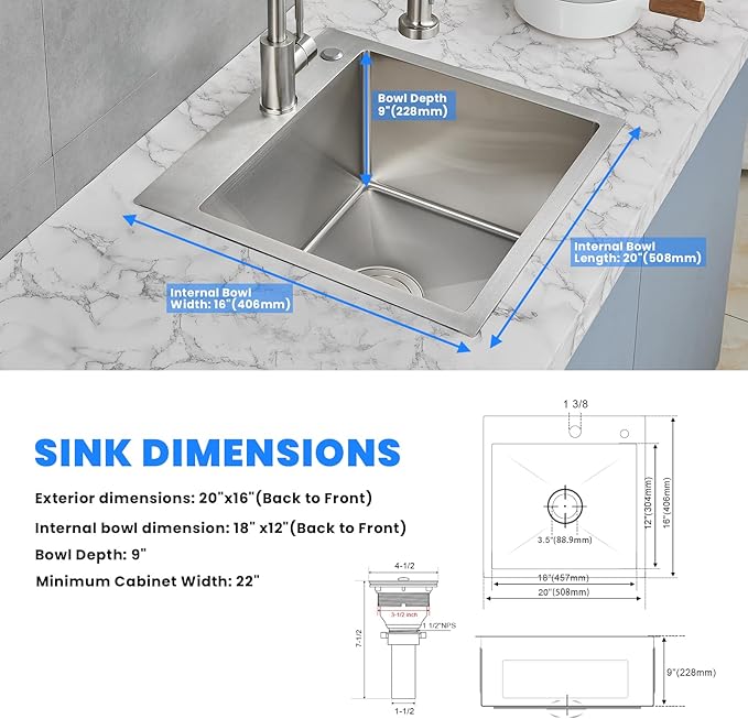 POPFLY 20×16 inch Drop In Kitchen Sink, 18 Gauge Stainless Steel Overmount - Image 7