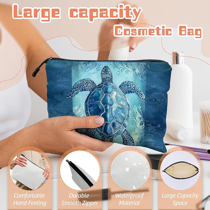 Cosmetic Bags Travel Makeup Toilet Case Waterproof Pouch for Women Girls 6.7X9.45inches - Blue Sea Turtle With Ornamental Patterns
