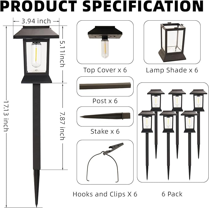 6 Pack Solar Pathway Lights Outdoor Waterproof, Dual-Use Stake & Hanging Lantern - Image 2