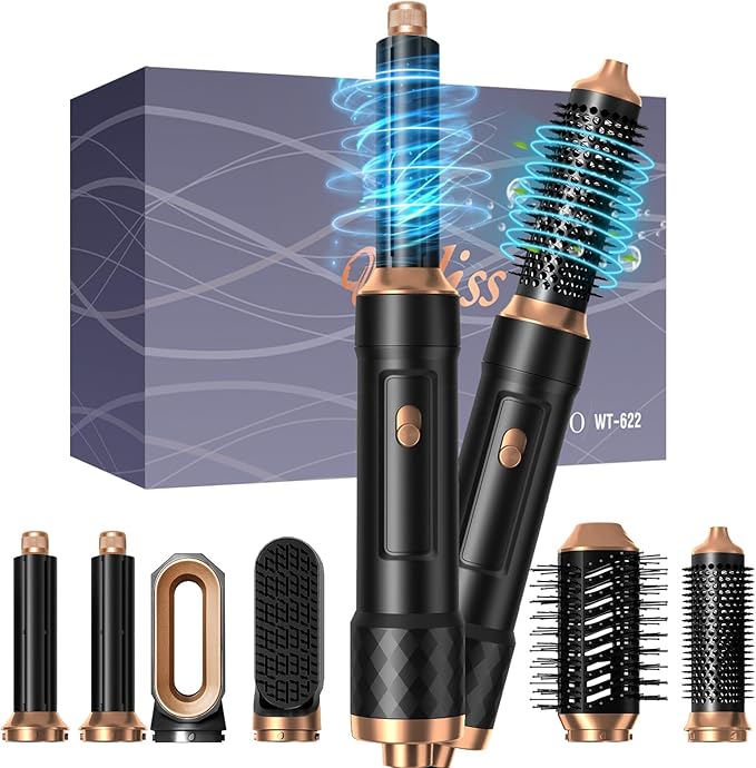 6 in 1 Detachable Hair Styling Tool Set: Ionic Hot Air Brush, Round Straightener Volumizer, Thermal Curler Wand, and Blow Dryer