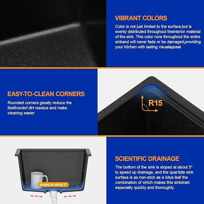 Dcolora 18 In. Wet Bar Sink Granite Composite Undermount Kitchen Sink Black - Image 4