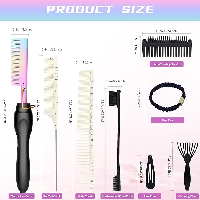 Electric Hot Comb Hair Straightener Heat Pressing Comb Curling Flat Iron Curler Hair Straightener Brush for Natural Black,Anti-Scald Beard Straightening Electric Press Comb (Multicolored)