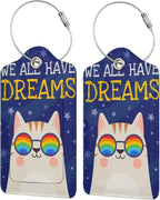 2 Cute Cat with Rainbow in Eye Glasses Luggage Tags, We All Have Dreams by OUZPGAQ