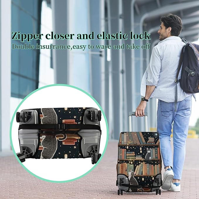 Luggage Cover + Tag, Cat Library Travel Suitcase Protector - Image 5