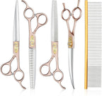 JASON Professional 6 in 1 Dog Scissors Kit - 7.5" Thinning, Chunker, Straight, Curved Shears and Comb for Cat, Rosegold