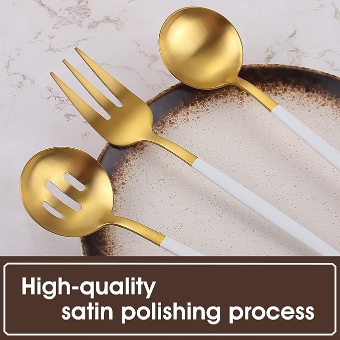 Matte White Gold Serving Silverware Set, 5-Piece Round Shared Utensils Set of - Image 4