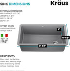 KRAUS Forteza 32-inch Undermount Single Bowl Granite Kitchen Sink in Grey - Image 5