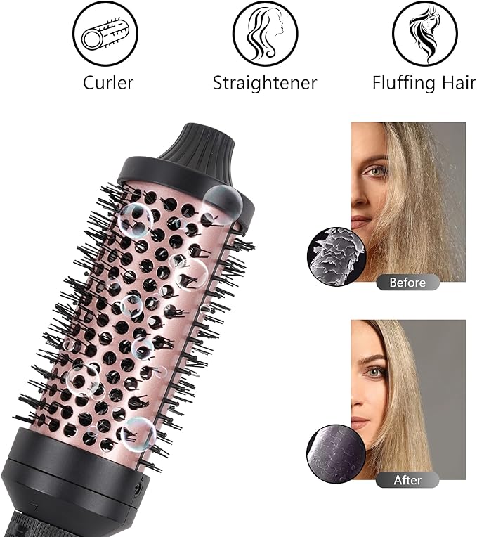 VAGARY 3 in 1 Thermal Brush Set, Heated Round for Blowout Look, Dual Voltage Curling Iron Brush, Ceramic Tourmaline, 3 Detachable Combs, 5 Temperature Settings