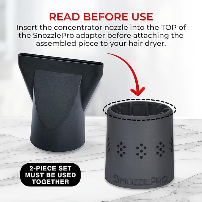 SnozzlePro Universal Hair Dryer Attachment Adapter with Concentrator Nozzle Replacement - Fits Most Blow Dryer Diameters from 1.5” to 2.25” (2-Piece Set)